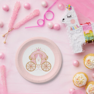 Assiettes En Carton Princess Royal Carriage Pink & Gold fête d'anniver