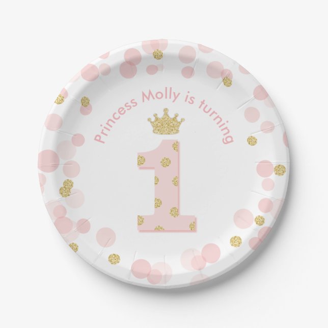 Assiettes En Carton Princesse 1er Anniversaire Pink Gold Confetti (Devant)