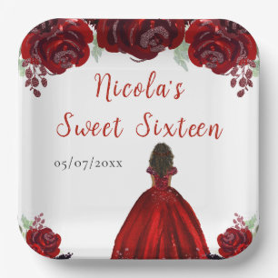 Assiettes En Carton Princesse à peau foncée Sweet sixteen Floral rouge