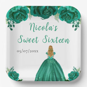 Assiettes En Carton Princesse aux Cheveux Blonds Fleurs Florales Verte