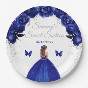 Assiettes En Carton Princesse aux Cheveux Brun Bleu Foncé Sweet Sixtee