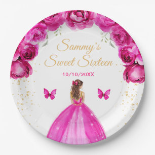 Assiettes En Carton Princesse aux Cheveux Brun Rose Chaud pour son Sei