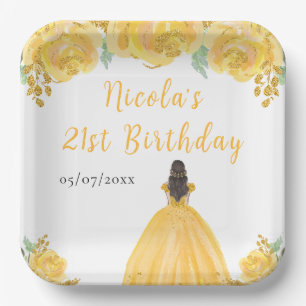 Assiettes En Carton Princesse aux Cheveux Bruns Fête d'Anniversaire Fl