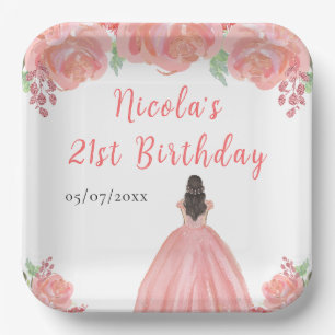 Assiettes En Carton Princesse aux Cheveux Bruns Fête d'Anniversaire Fl