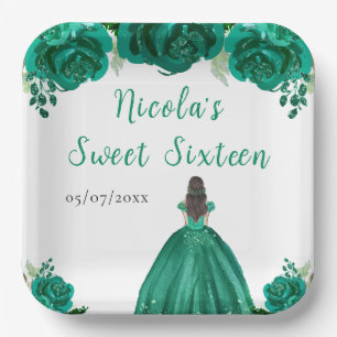 Assiettes En Carton Princesse aux Cheveux Bruns Fleurs Florales Vertes