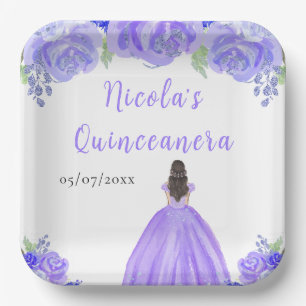 Assiettes En Carton Princesse aux Cheveux Bruns Quinceanera Floral Pou