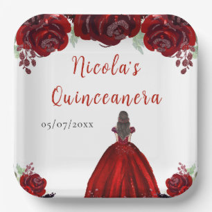 Assiettes En Carton Princesse aux Cheveux Bruns Robe Florale Rouge Qui