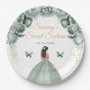 Assiettes En Carton Princesse aux cheveux bruns vert sauge Sweet Sixte