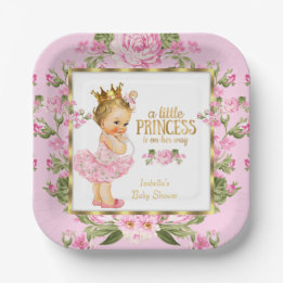 Assiettes En Carton Princesse Baby shower Pink Gold Rose Floral Blonde