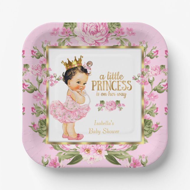 Assiettes En Carton Princesse Baby shower rose or Rose Floral (Recto)