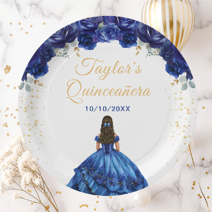 Assiettes En Carton Princesse Bleu foncé Floral Quinceañera