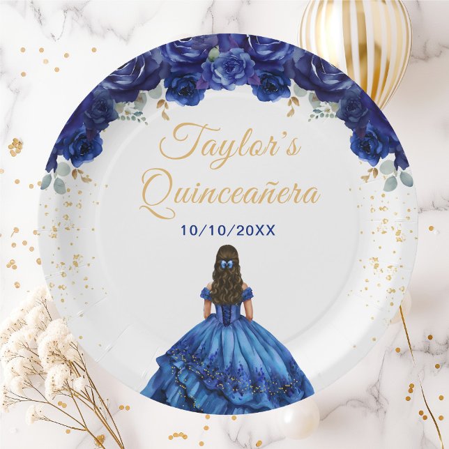 Assiettes En Carton Princesse Bleu foncé Floral Quinceañera (Créateur téléchargé)