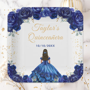Assiettes En Carton Princesse Bleu foncé Floral Quinceañera