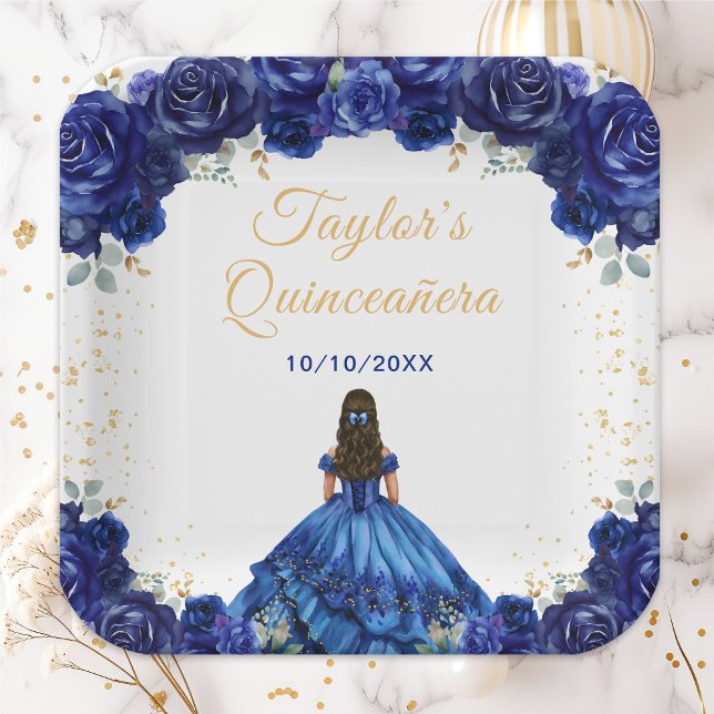 Assiettes En Carton Princesse Bleu foncé Floral Quinceañera (Créateur téléchargé)