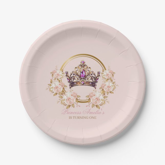 Assiettes En Carton Princesse Couronne d'or rose 1er anniversaire (Devant)