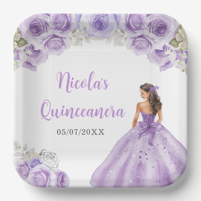 Assiettes En Carton Princesse Florale en Dusty Robe Violette Quinceane (Recto)