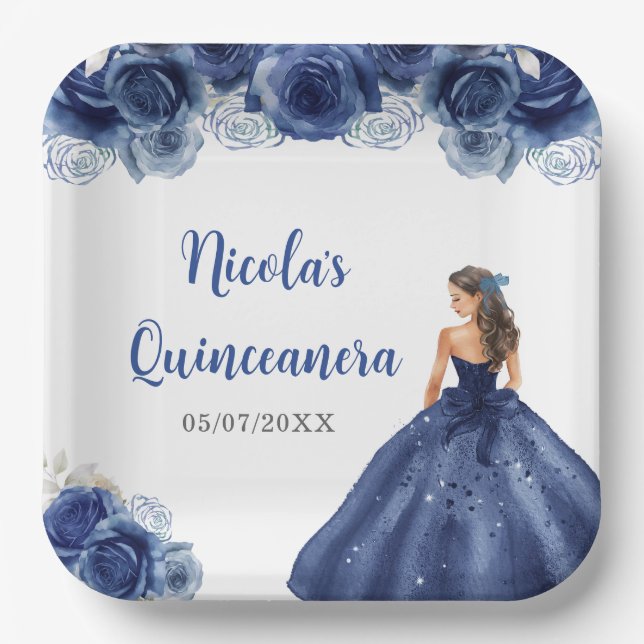 Assiettes En Carton Princesse Florale en robe bleu marine Quinceanera (Recto)