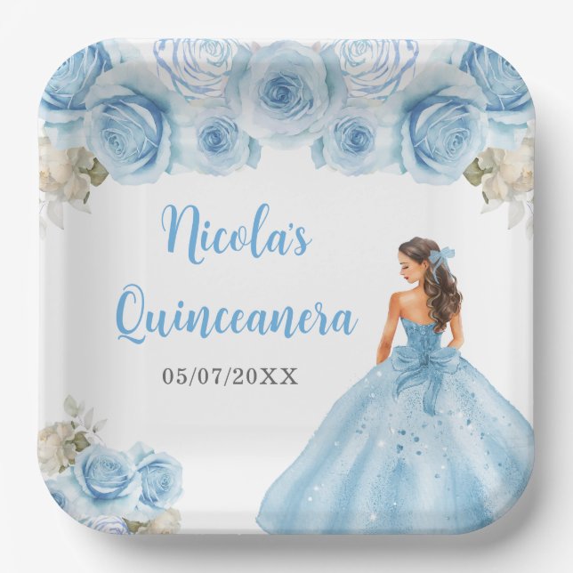 Assiettes En Carton Princesse Florale en Robe Bleue Quinceanera (Recto)