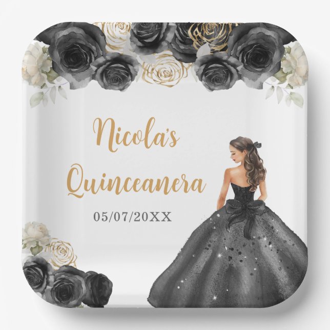Assiettes En Carton Princesse Florale en Robe Noire Quinceanera (Recto)