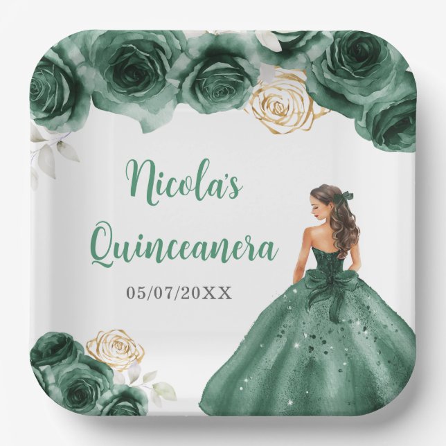 Assiettes En Carton Princesse Florale en Robe Vert foncé Quinceanera (Recto)
