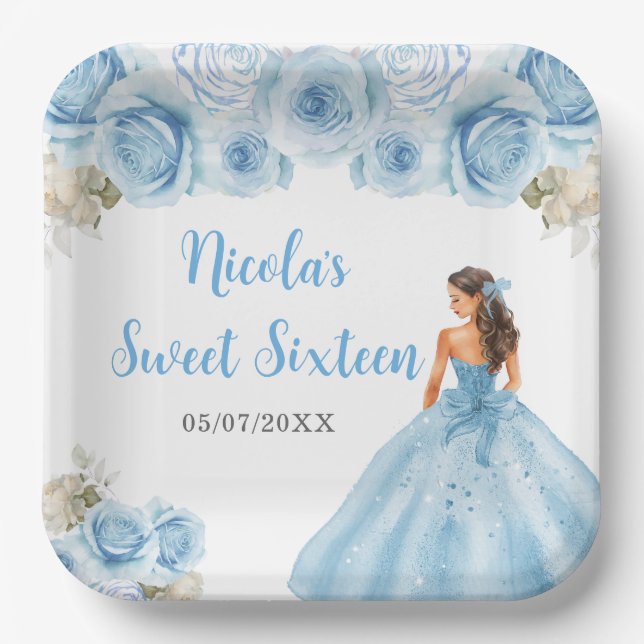 Assiettes En Carton Princesse Florale en Sweet sixteen Robe Bleue (Recto)