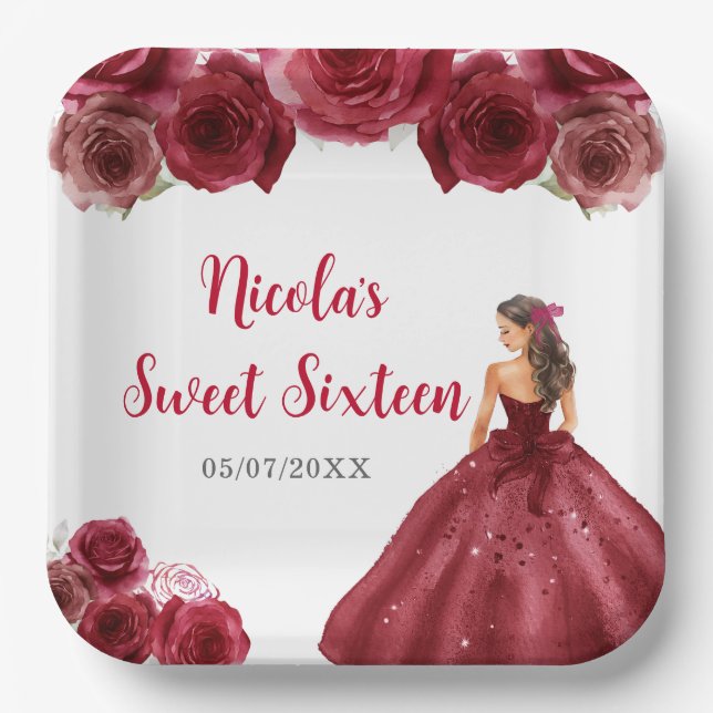 Assiettes En Carton Princesse Florale en Sweet sixteen Robe Rouge (Recto)