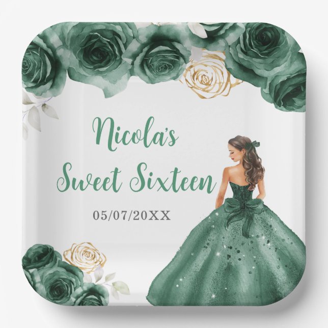 Assiettes En Carton Princesse Florale en Sweet sixteen Robe Vert foncé (Recto)