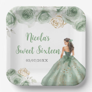 Assiettes En Carton Princesse Florale en Sweet sixteen Robe verte Sage