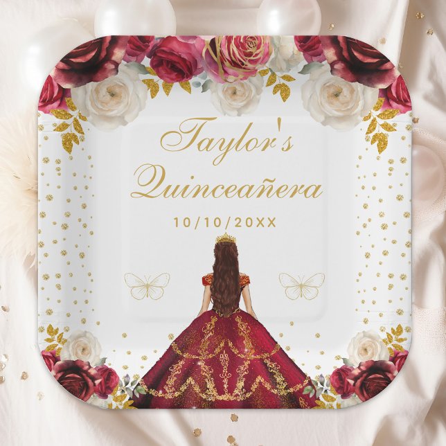 Assiettes En Carton Princesse Florale Rouge Quinceañera (Créateur téléchargé)