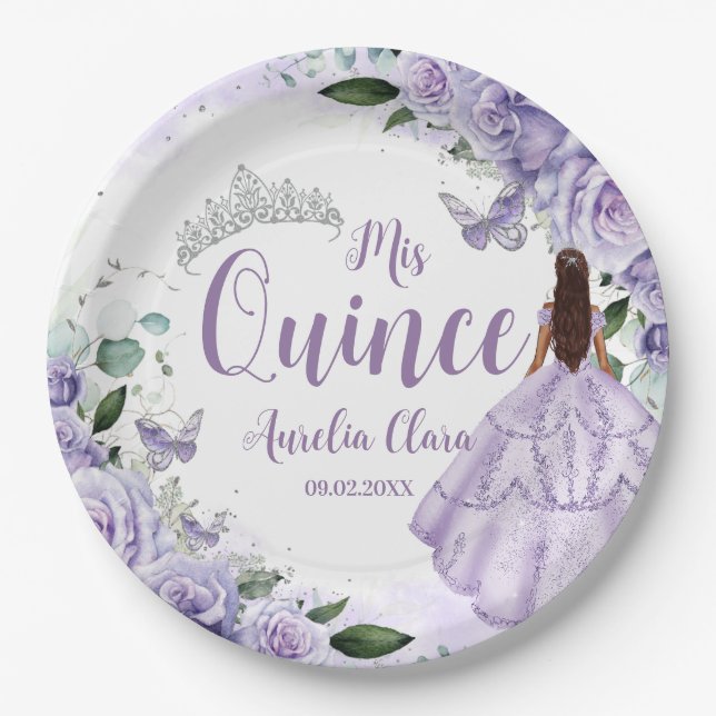 Assiettes En Carton Princesse Florale violette Silver Quinceañera 16 1 (Devant)