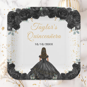 Assiettes En Carton Princesse noire Fleurs Quinceañera