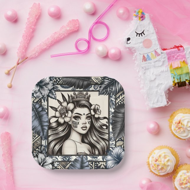 Assiettes En Carton Princesse polynésienne Bleu Floral Tribal (Fête)