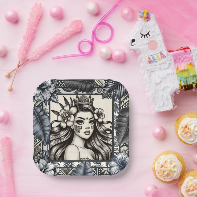 Assiettes En Carton Princesse Polynésienne Fleurie Tribale Bleue (Fête)