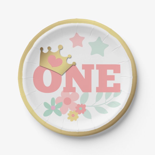 Assiettes En Carton Princesse rose "One" Crown Baby Girl Premier anniv (Devant)