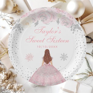 Assiettes En Carton Princesse Sweet Sixteen Cheveux Brun Hiver Rose