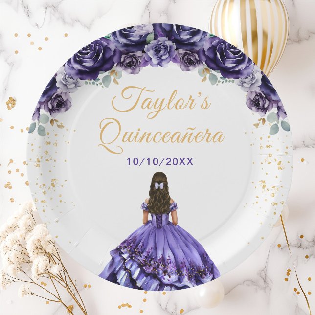 Assiettes En Carton Princesse violette foncée Floral Quinceañera (Créateur téléchargé)