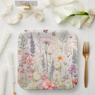 Assiettes En Carton Printemps Été Jardin Aquarelle Fleurs Papillon