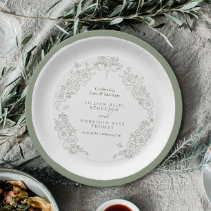 Assiettes En Carton Printemps Fleur de lis mariage sauge vert blanc