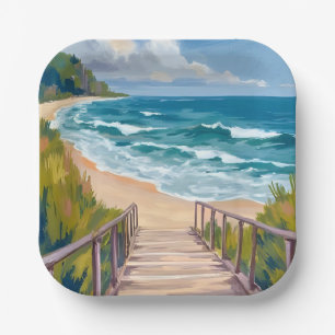 Assiettes En Carton Promenade de l'Océan   Vagues de Plage Côtières