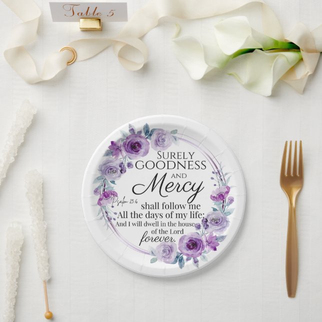 Assiettes En Carton Psaume 23:6 Inspirationnel Bible Verse Floral Viol (Mariage)