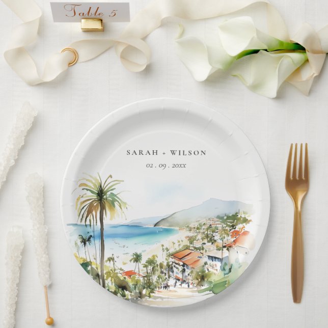 Assiettes En Carton Puerto Vallarta Mexico Watercolor scape Wedding (Mariage)