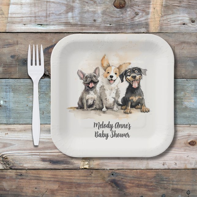 Assiettes En Carton Puppy Chien Tails Baby Boy Baby shower (Puppy Dog Tails Baby Shower for Boys with Watercolor Puppies, Mom's Name, Date)