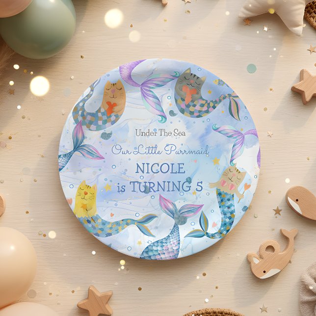 Assiettes En Carton Purmaid chat sirène aquarelle fille anniversaire (Créateur téléchargé)