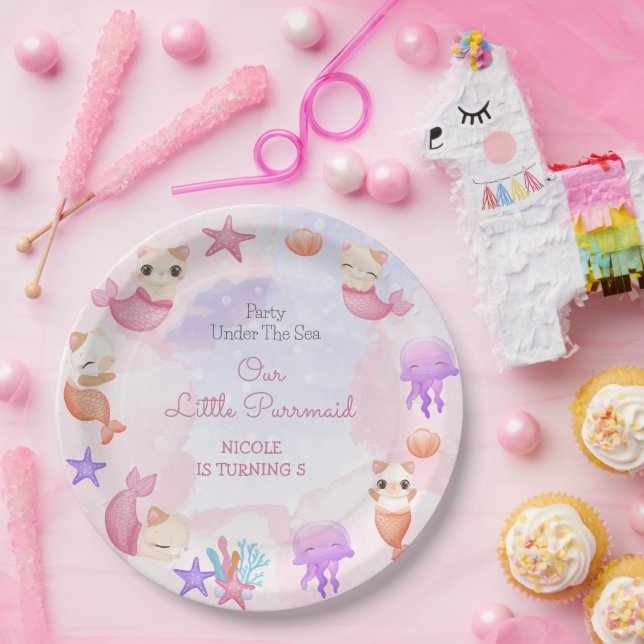 Assiettes En Carton Purmaid chat sirène mignonne fille anniversaire (Fête)
