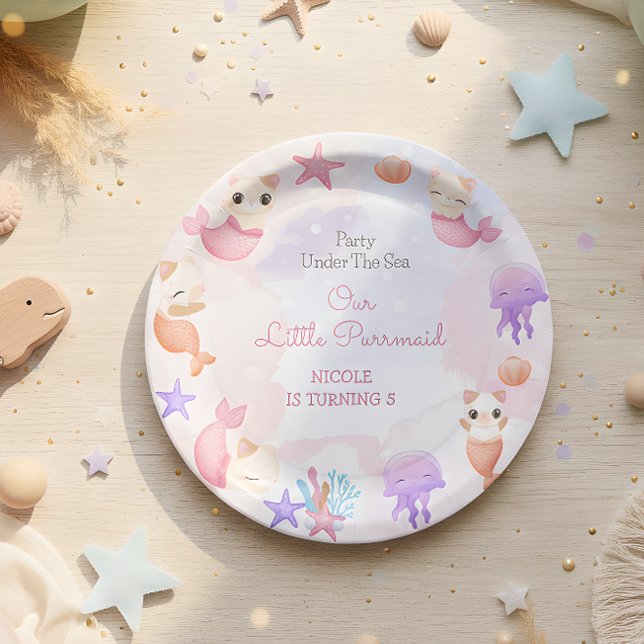 Assiettes En Carton Purmaid chat sirène mignonne fille anniversaire (Créateur téléchargé)