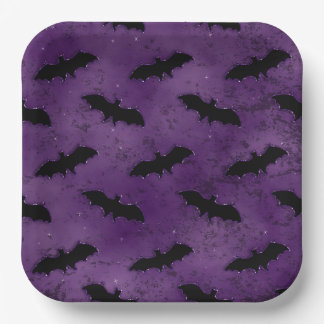 ASSIETTES EN CARTON PURPLE AVEC DES BATS HALLOWEEN NOIR