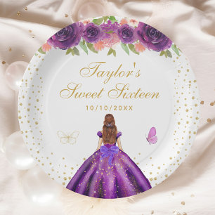 Assiettes En Carton Purple Floral Brown cheveux Princess Sweet sixteen
