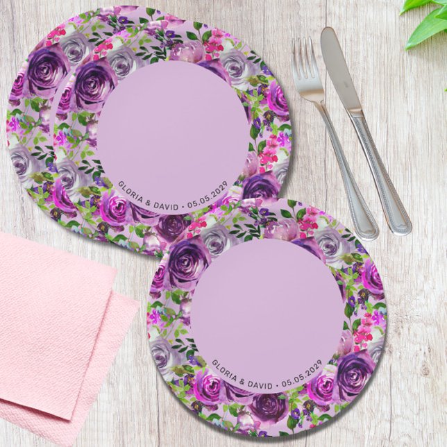 Assiettes En Carton Purple Floral Elegant  Wedding  (Créateur téléchargé)