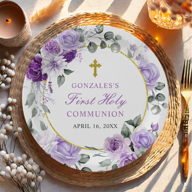 Assiettes En Carton Purple Floral Girl First Holy Communion (Créateur téléchargé)