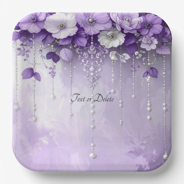 Assiettes En Carton Purple Flowers with Dangling Pearls Paper Plate (Recto)